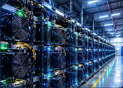 Illustrative rows of ASIC cryptocurrency mining machines in a data center