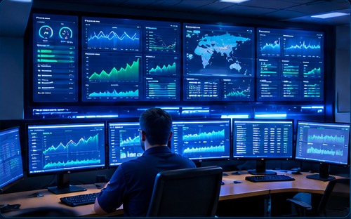 Illustrative mining operations monitoring center with multiple dashboards