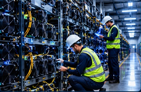 Illustrative technicians maintaining ASIC mining machines in a facility